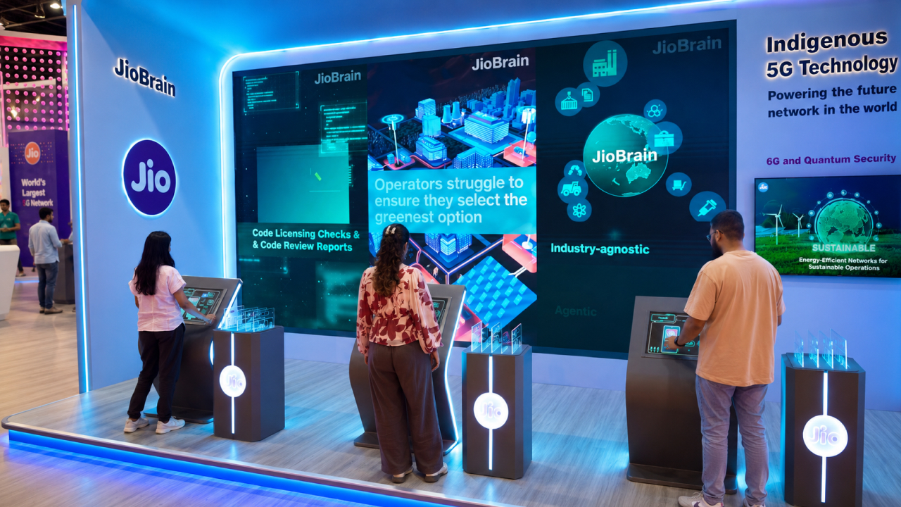 JioBrain interactive experience center with digital kiosks showcasin